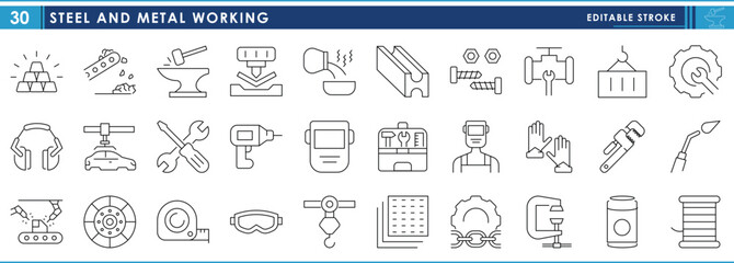 Aufkleber - A set of line icons related to Steel and Metal working. Steel, metal, craft, welding, repair, tools, and so on. Vector editable stroke.