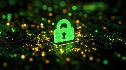 Poster - A glowing green padlock icon represents digital security on a circuit board with blurred lights in the background.
