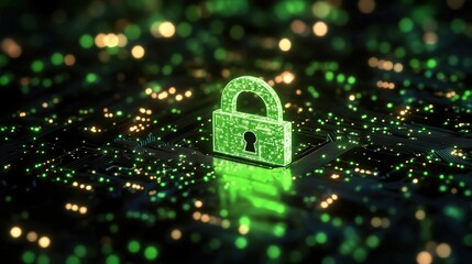 Poster - A glowing green padlock symbolizing cybersecurity and data protection on a digital circuit board background.