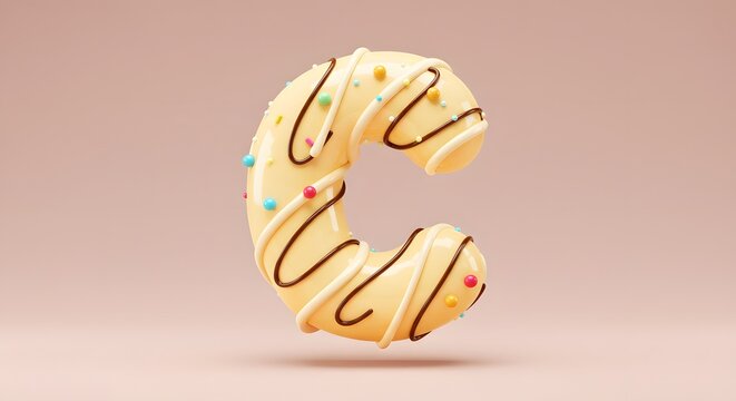 Letter C Donut with White Glaze, Chocolate Drizzle and Colorful Sprinkles on Pink Background