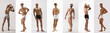 © Lustre Art Group  - Full-body portraits of shirtless male models in white and black underwear standing in light studio with varied poses and body types. Sports underwear models