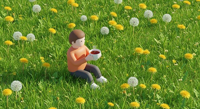 Isometric 3D Render of Figure with Steaming Cup on Meadow with Dandelions and White Puffballs Under Green Grass