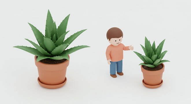 Isometric 3D Render of Human Figure with Potted Plants on White Background in Soft Lighting