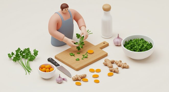 Isometric 3D Render of Person Preparing Food with Fresh Ingredients on Wooden Cutting Board