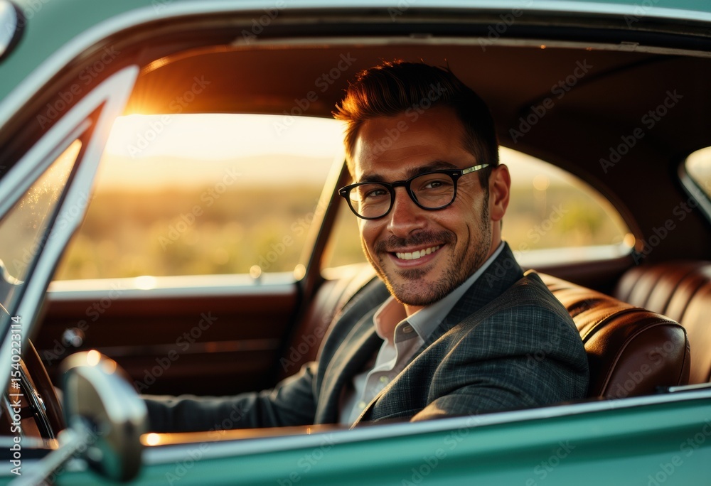 Smiling man in glasses driving a vintage car during sunset with a ...
