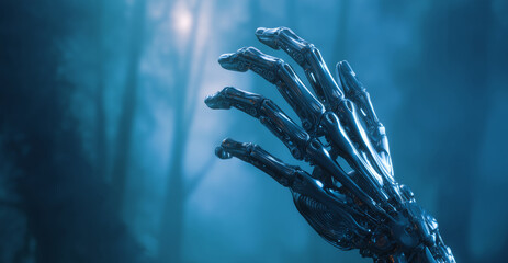 Aufkleber - A futuristic robotic hand extends towards an unseen object, showcasing adaptive technology using shapeshifting alloys and liquid metal, surrounded by a misty, mysterious forest environment.
