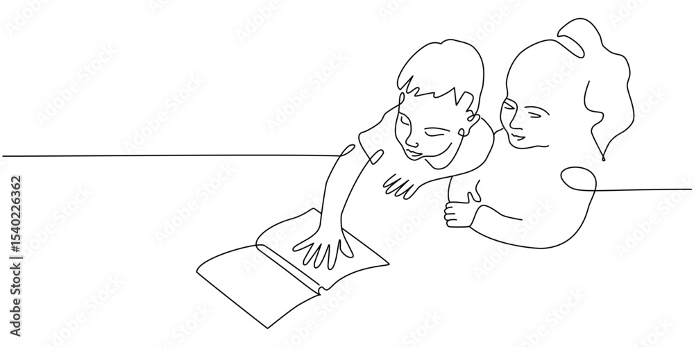 Continuous one line drawing with boy and girl reading open books ...