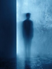 Poster - Shadowy Figure Fades Into a Blue Background, Creating an Ethereal Atmosphere of Mystery and Depth at Dusk