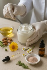 Poster - Handmade face cream preparation with herbal ingredients and essential oils on wooden table
