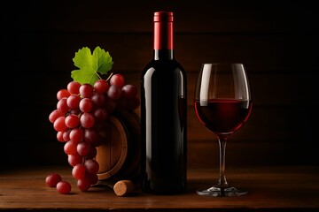 Poster - Red wine bottle and glass with grapes and barrel, elegant winery still life on dark background
