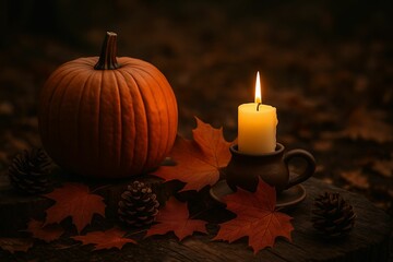 Aufkleber - Autumn still life with candle, pumpkin, pinecones and fall leaves in forest

