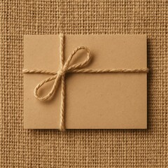 Poster - Rustic kraft envelope tied with twine on burlap texture background, eco gift card concept
