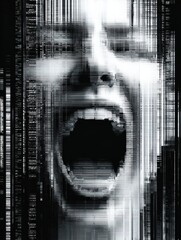 Poster - Screaming Mouth Surrounded by Data Noise Creating Visual Chaos, Showcasing the Clash Between Expression and Distortion in a Digital World