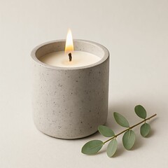 Poster - Burning soy candle in concrete cup with eucalyptus branch, cozy minimal natural scene

