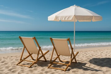 Poster - Two empty beach chairs and umbrella on sandy tropical coastline, summer vacation
