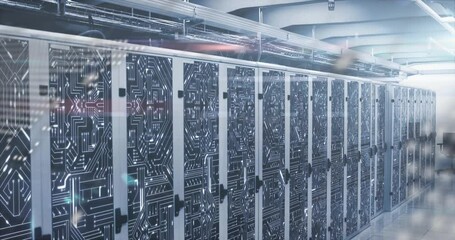 Poster - Dot overlay appearing on server racks while code snippets fading and pulsing representing data flow