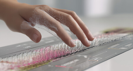 Aufkleber - A hand gently touches a surface made of smart materials that showcase shape memory abilities, demonstrating the transformation of adaptive liquid metal in a laboratory setting.
