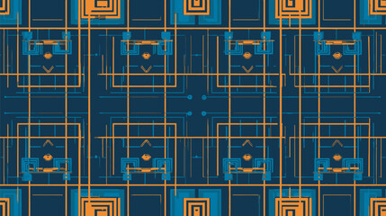 Poster - Geometric shapes design ornate patterns in symmetrical arrangements on the blue background