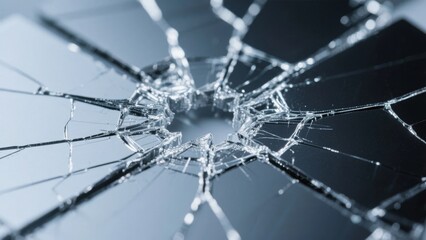 Close-up of a shattered glass surface with intricate crack patterns