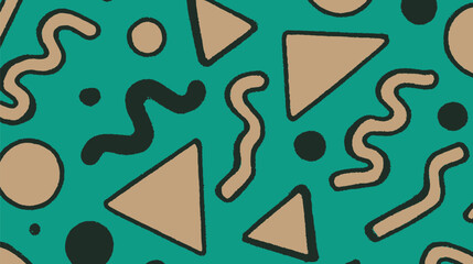 Poster - Colorful geometric shapes float across textile green background creating dynamic wallpaper decor