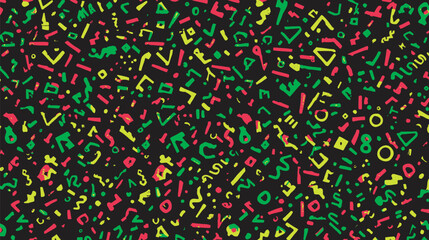Poster - Colorful geometric shapes scatter abstractly across a vibrant black background pattern
