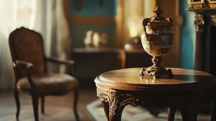Poster - A simple interior scene featuring a table, chair, and decorative vase.