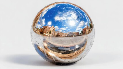 Poster - A metallic sphere lies on a cobblestone surface, vividly reflecting a mix of buildings, sky, and cosmic colors