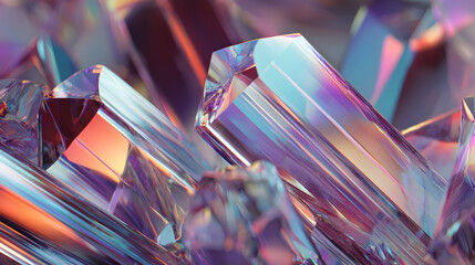 Poster - Iridescent crystal formation shimmering with ethereal light and captivating geometric structures close up view