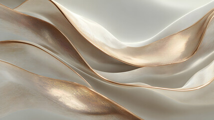 Poster - Elegant waves of sheer golden fabric flowing gently across a soft ethereal white background space