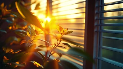 Poster - Golden Hour Serenity: The warm embrace of a golden hour filters through the window, illuminating the delicate details of leaves with an ethereal glow, evoking a sense of peace and tranquility.