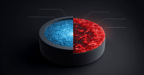 Aufkleber - This display illustrates advanced smart materials, featuring a split design showcasing blue and red elements.