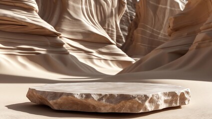 Leinwandbilder - Stone product display podium stand with shadow nature leaves on brown curtain background. 3D rendering