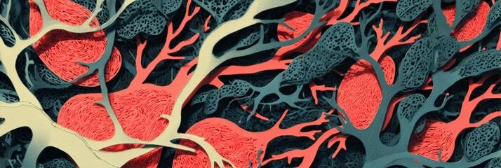 Aufkleber - Intricate Paper-Cut Style Layers Depicting Abstract Nerve Structures in Vibrant Colors