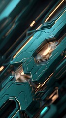Fototapete - Abstract teal and gold digital artwork with intricate geometric patterns and glowing highlights.