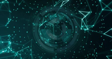 Poster - Connecting teal dots forming mesh pulsing to rotating globe visualizing data flow across continents