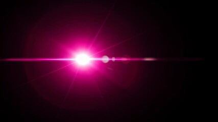 Poster - Pink camera lens flare animation with sparkling light effect. Bright glow isolated on black background, digital optical footage.