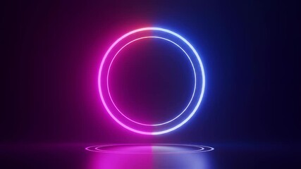 Poster - Two glowing neon rings create an abstract futuristic portal. Digital stage background for technology product display animation.