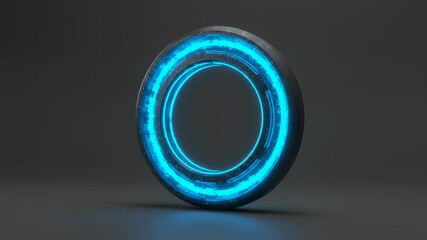 Poster - Neon glowing digital ring with futuristic blue light on dark background. Abstract technology concept with data flow for progress and innovation animation footage.