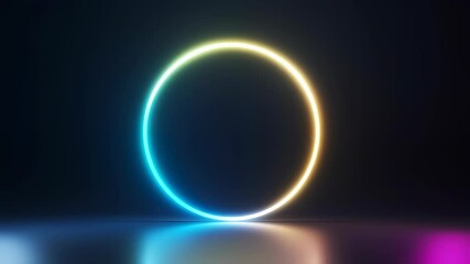 Poster - Glowing neon circle reflecting on floor. Abstract virtual portal with gradient color lights for future technology concept. Digital animation footage.