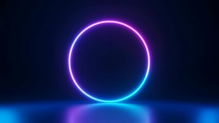Poster - Neon glowing circle with futuristic light on a dark background. Abstract digital tunnel portal for metaverse cyberspace animation.
