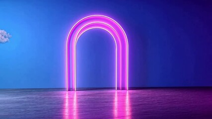 Poster - Glowing Neon Archway: A captivating neon archway glows vibrantly, casting a mesmerizing light against a gradient backdrop, symbolizing entry and futuristic aesthetics.