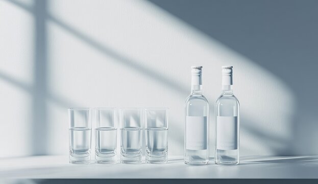 Two clear bottles of water with blank labels, alongside four glasses of water, in a light and airy studio setting
