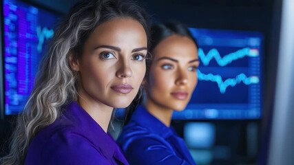 Poster - Two Confident Businesswomen Analyzing Market Trends in Modern Office Setting with Financial Charts on Screens
