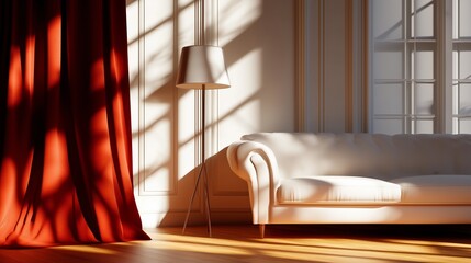 Poster - Cozy interior with sunlight illuminating a white couch and red curtains in a modern living room setting