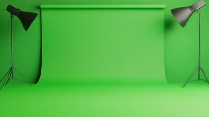 Poster - Professional studio setup with green backdrop and lighting equipment for photography and video production projects