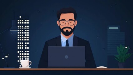 Poster - Professional businessman working on laptop at night with modern office background and coffee cup on the table