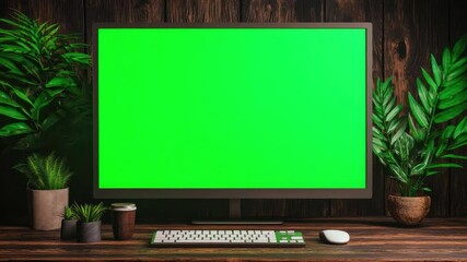 Poster - Empty desktop computer monitor with green screen surrounded by plants and coffee cup in modern workspace