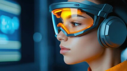 Poster - Young Woman Wearing Futuristic Glasses with Digital Interface Background and Neon Lights in High-Tech Environment