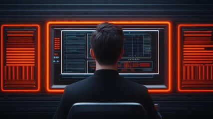 Poster - Futuristic Cybersecurity Expert Analyzing Data on High-Tech Monitor with Neon Effects in Modern Workspace