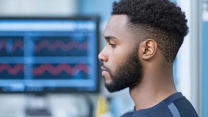 Poster - Serious man focused on data analysis with digital graphs in background showcasing financial trends and statistics in modern workspace